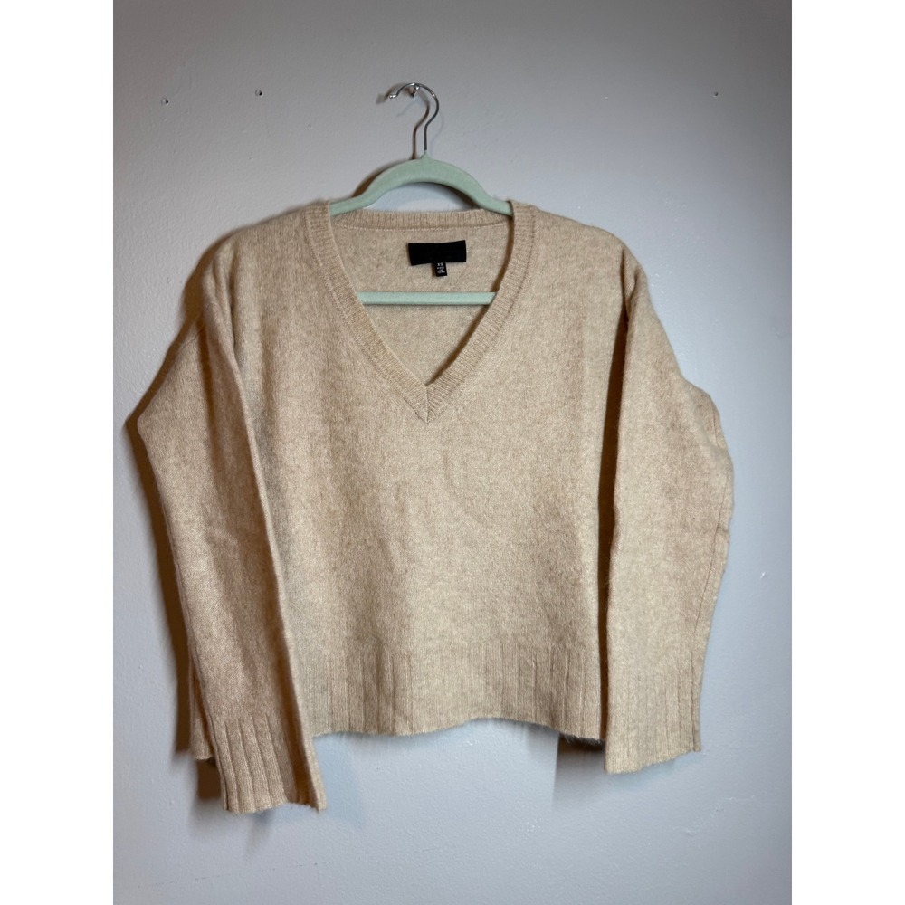 Nili Lotan 100% Cashmere V-Neck Dropped Shoulder Sweater Oatmeal Beige XS